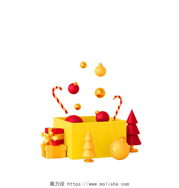 黄色狂欢3D立体圣诞节礼包礼盒圣诞树元素C4D圣诞节礼盒